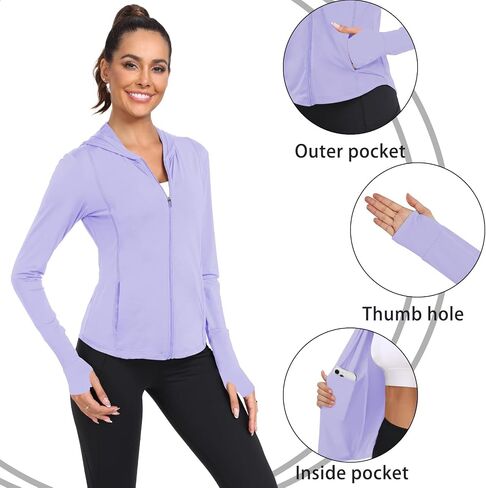 Sun Shirts for Women Long Sleeve UV Protection Thumb Holes Lightweight Hiking Hoodie Full Zip UPF 50 Workout Top in Kuwait