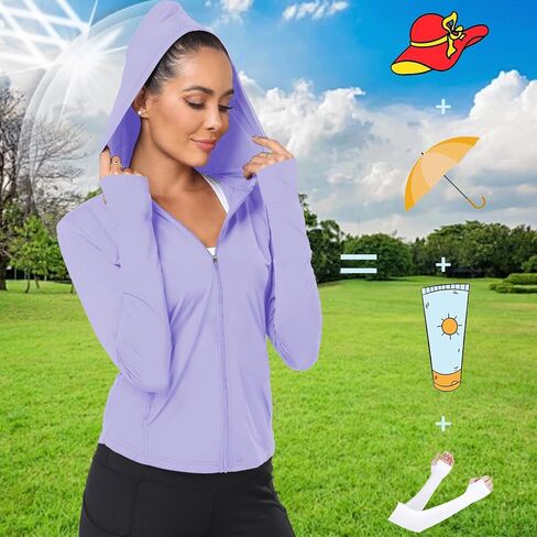 Sun Shirts for Women Long Sleeve UV Protection Thumb Holes Lightweight Hiking Hoodie Full Zip UPF 50 Workout Top in Kuwait