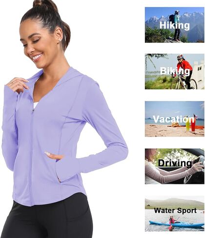 Sun Shirts for Women Long Sleeve UV Protection Thumb Holes Lightweight Hiking Hoodie Full Zip UPF 50 Workout Top in Kuwait