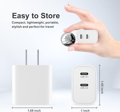 3 قطع شاحن حائط USB C، منفذ مزدوج PD 20 وات من النوع C محول طاقة قابس شحن سريع لهاتف iPhone 15/15 Pro/15 Plus/15 Pro Max/14/13/12، سلسلة الساعات/AirPods، Samsung Galaxy، iPad Pro/ الكمبيوتر اللوحي (أبيض) in Kuwait