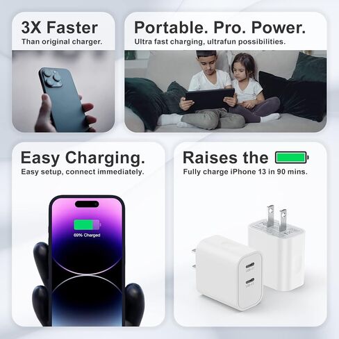 3 قطع شاحن حائط USB C، منفذ مزدوج PD 20 وات من النوع C محول طاقة قابس شحن سريع لهاتف iPhone 15/15 Pro/15 Plus/15 Pro Max/14/13/12، سلسلة الساعات/AirPods، Samsung Galaxy، iPad Pro/ الكمبيوتر اللوحي (أبيض) in Kuwait