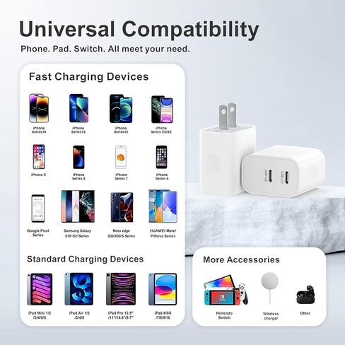 3 قطع شاحن حائط USB C، منفذ مزدوج PD 20 وات من النوع C محول طاقة قابس شحن سريع لهاتف iPhone 15/15 Pro/15 Plus/15 Pro Max/14/13/12، سلسلة الساعات/AirPods، Samsung Galaxy، iPad Pro/ الكمبيوتر اللوحي (أبيض) in Kuwait