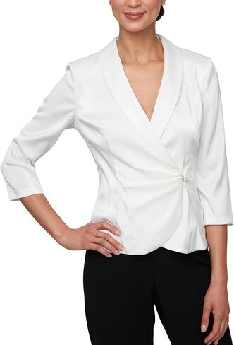 Alex Evenings Women's 3/4 Sleeve Surplice Neckline Stretch Blouse with Embellished Side Closure, Pearl Shimmer in Saudi Arabia