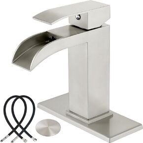 Midanya Bathroom Sink Faucet Single Handle Slotted Waterfall Bathroom Faucets for 1 or 3 Hole, Waterfall Vanity Faucet with Pop up Drain&Water Supply Lines and Deck Plate,Deck Mounted,Matte Black