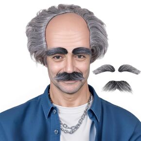 Old Man Bald Cap Grey Wig With Hair On Sides Balding Wig Grandpa Halloween Cosplay Costume Wig