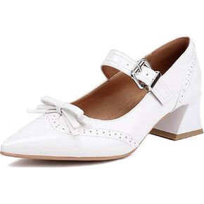 Women's Pointed Toe Low Chunky Block Heel Mary Jane Heels with Bow Ankle Strap Brogue Vintage Dressy Office Pumps Shoes