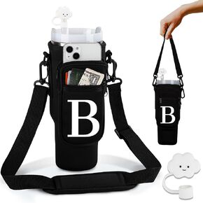 Mostop Water Bottle Holder Bag for Stanley 40oz, Monogram Initial Water Cup Holder with Pouch Pocket, Adjustable Strap, Carabiner, Straw Cover for Stanley Cup Accessories