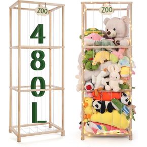 64 Inch Extra-Large with 10m Light String Wooden Stuffed Animal Zoo Storage, 64" H x 23" L x 16" W, Premium Pine Wood Construction, Perfect for Playroom/Nursery, Ideal Kids' Birthday Gift！