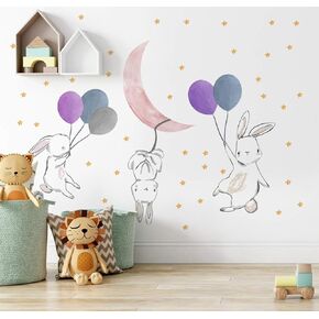 Murwall Kids Wall Decal for Nursery Cute Rabbit Wall Sticker Purple Balloons and Pink Moons Decals for Childroom Playroom