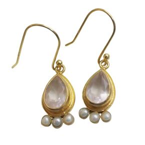 Moonstone and Cultured Freshwater Pearl Gold Plated Sterling Silver Drop Earrings - Handmade Gemstone Jewelry Gift Ideas for Women - Wedding Bridal Jewelry (moonstone)