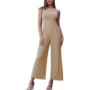 HOTIAN One Piece Jumpsuits for Women Summer Square Neck Loose Dressy Overalls Casual Sleeveless Wide Leg Long Pant Rompers