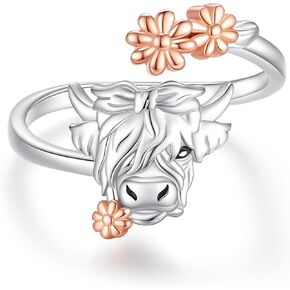 BEILIN Highland Cow Rings 925 Sterling Silver Adjustable Cute Cow Finger Ring Daisy Cow Jewelry Gifts for Women Teens