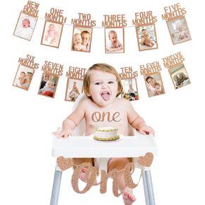 1st Birthday Baby Photo Banner for Newborn to 12 Months, with High Chair Banner, Monthly Milestone Photograph Bunting Garland First Birthday Celebration Decoration