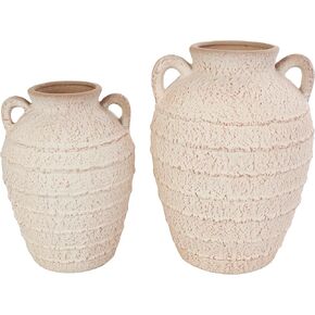 Deco 79 Ceramic Decorative Vase Textured Centerpiece Vases with Handles and Terracotta Accents, Set of 2 Flower Vases for Home Decoration 11", 9" H, Cream