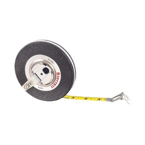 Starrett Closed Reel Long Line Tape with Nylon Rollers, Rewind Mechanism, and Folding Hook Ring - 50' Length, 3/8" Width, 1/8" Graduations, L1 Graduation Style Number - 530-50