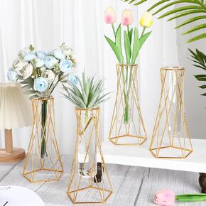 4 Pcs Gold Geometric Vase for Centerpieces Metal Flower Stand with Glass Cylinder Hydroponic Plant Flower Vase Modern Vase for Home Floor Office Wedding (Geometric, 8.7 Inch)