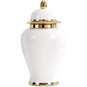 Ginger Jar,White Ginger Jar with Gold Trim,Ginger Jar Vase Decor, Ceramic Decorative Jars for Home, Office, Table, Living Room, Bookshelf, Mantle Fireplace, Centerpieces,15"