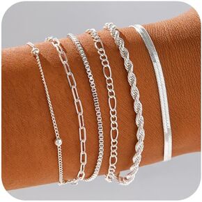 Gold/Silver Bracelets for Women,14K Real Gold Plated Bracelets Stack Trendy Jewelry Sets Stackable Snake Chain Figaro Paperclip Link Chain Adjustable Bracelet Pack Gifts for Women
