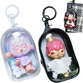 2pcs Clear Figure Display Bag with Keychain Pompom Ball Portable Mini Doll Pouch Carrying Case Blind Box Figures Display Case for Collectibles Zipper Closure (Oval)