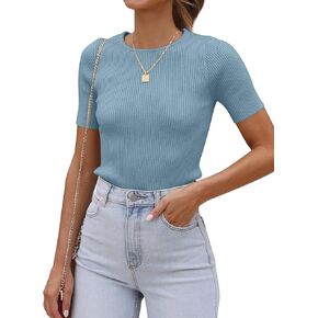 SAMPEEL Womens Tops Short Sleeve Trendy Ribbed Knit Basic Tshirts