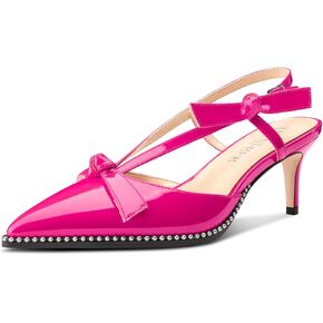 Womens Mid Heel Close Pointed Toe Pumps Slingback Buckle Bow-Knot Silver Beaded Prom Dress Patent Leather Summer 2.6 Inches Heels