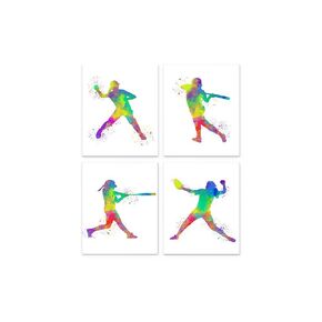 Softball Player Sport Abstract Wall Art Print 8x10, Unframed Set of 4, Includes Catcher and Pitcher, Teen Girl Bedroom Dorm Room Decor, Ideal for Teacher, Coach, Fan, Club Award Night
