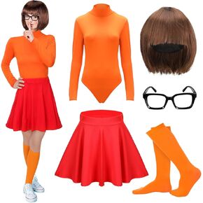 Hercicy Halloween Adult Orange Costume, Bob Wig Turtleneck Bodysuit Skater Skirt Glasses Socks Set for Women Cosplay