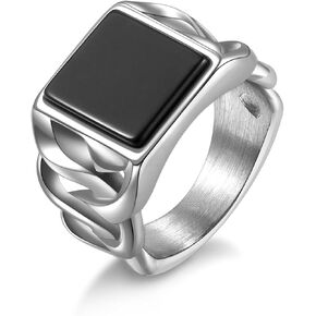 Mens Onyx Ring Stainless Steel Vintage Braided Cuban Link Signet Ring
