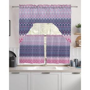 Purple Geometric Swag Valance Kitchen Curtains, Rod Pocket Valance Curtain Panels for Bedroom Living Room Bathroom Cafe Windows, Ombre Rhombus Modern Gradient Color 56''x36''