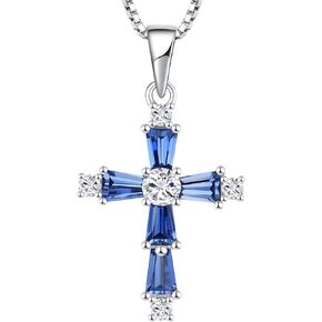 YL Women's Cross Necklace Sterling Silver Criss Pendant Gemstones Christian Baptism Jewelry for Gift