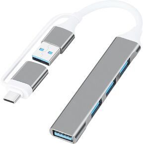 USB Hub 3.0, USB C to USB Hub 2 in 1 Portable 4 Port USB Hub to USB 3.0 Hub Extender Data Splitter Adapter for MacBook Pro/Air, Laptop, PS4, PS5, Printer, Mouse, Grey