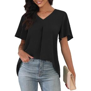LAOLASI Womens Summer Chiffon Blouses Short Sleeve V Neck Casual Loose Work Tops for Leggings 2024 Flowy Dressy T-Shirts