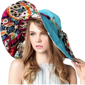 Reversible Large Brim Floppy Sun Hat Foldable Bucket Beach Hat Anti-UV Travel Boho Hat for Women Chin Strap