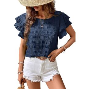 Women's Short Ruffled Sleeve Flowy Top Crew Neck Loose Fit Solid Cute Summer Blouse Shirt Dressy Casual