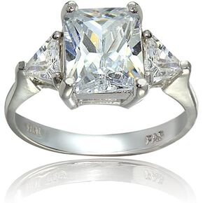 Hoops & Loops 925 Sterling Silver CZ Trillion & Emerald Cut Engagement Bridal Wedding Anniversary Statement Ring for Women Teen Girls, Silver, Yellow Gold & Rose Gold