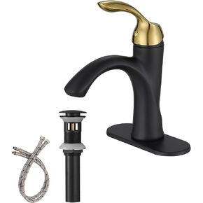 Homevacious Matte Black and Gold Bathroom Faucet Modern Single Hole Bathroom Vanity Sink FaucetsSingle Handle Lavatory rv Mixer Tap with Brass Pop Up Drain and Water Supply Lines Deck Mount