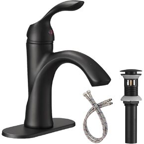 Homevacious Matte Black and Gold Bathroom Faucet Modern Single Hole Bathroom Vanity Sink FaucetsSingle Handle Lavatory rv Mixer Tap with Brass Pop Up Drain and Water Supply Lines Deck Mount