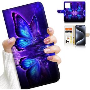 for iPhone 15 Pro Max, Art Designed Flip Wallet Style Cover Case Fancy Flower Full Body Protection AD003 (#24878 Red Gothic Rose 15pm)