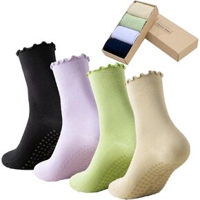 4 Pairs Ruffle Yoga Socks for Women,Cute Frilly Non-Slip Grips Socks for Pilates,Fitness,Hospital,Pregnant