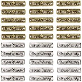 60PCS Handmade Metal Tags Alloy Hand Made Pendant Bead Charm Metal Label Tag Signs for DIY Jewelry Making Crafts Findings Gift – 25x6mm - Rectangle Silver+ Bronze