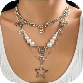 Vintage Layered Necklaces for Women Y2k Necklace Chunky Choker Necklaces Big Star Necklace Cuban Link Chain Necklace