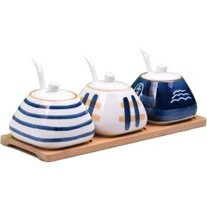 Porcelain Condiment Jar Spice Container with set of 3 Ceramic Condiment Pot Seasoning Box with Ceramic Serving Spoon and Lid - Bamboo Tray Porcelain Sugar Bowl for Home Kitchen 300ml (10.6oz)