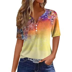 Henley Shirts for Women Buttons Sexy Shirts Short Sleeve Dressy Blouses 2024 Geometric Print Tops