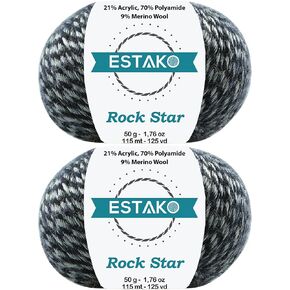 Estako Rock Star (2 Skeins Pack) 9% Merino Wool 70% Polyamide 21% Acyrlic Light-DK Weight Soft Knitting and Crochet Yarn (2 x 1.76 oz) (2 x 125 yds) (7092)