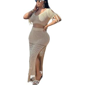 2 Piece Outfits for Women Sexy Crochet Tassel Split Midi Dress Summer V Neck Knitted Hollow Crop Tops Y2K Streetwear