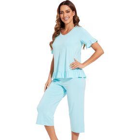 WiWi Soft Viscose from Bamboo Pajama Set for Women Short Sleeve Top with Capris Pajamas Sets S-XXL