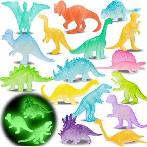 16PCS Glow in Dark Mini Dinosaur Figures for Kids Birthday Party Favors Supplies Dino Cupcake Topper Goodie Gift Treat Bag Stuffers Pinata Fillers Treasure Box Carnival Prizes Small Bulk Toys Trinkets