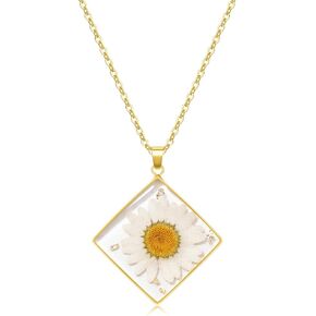 Birth Flower Necklaces For Women - Daisy April Month Flower Necklace - Handmade Pressed Flower Necklace - Unique Holiday Gift - Square Necklace Gold 18"
