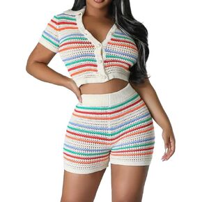 Alunzoem Short Sets Women 2 Piece Outfits Striped Knit Short Sleeve Hollow Out Button Down Shirt Bodycon Shorts Tracksuit Set