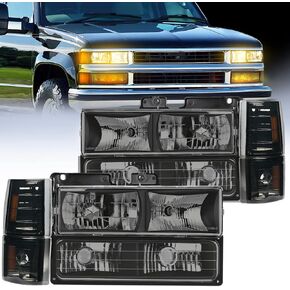 Nilight Headlight Assembly for 1994 1995 1996 1997 1998 GMC Suburban Yukon Sierra C/K Series 1500 2500 3500 Replacement Headlamp Black Housing Amber Reflector Bumper Corner Lamp, 2 Years Warranty